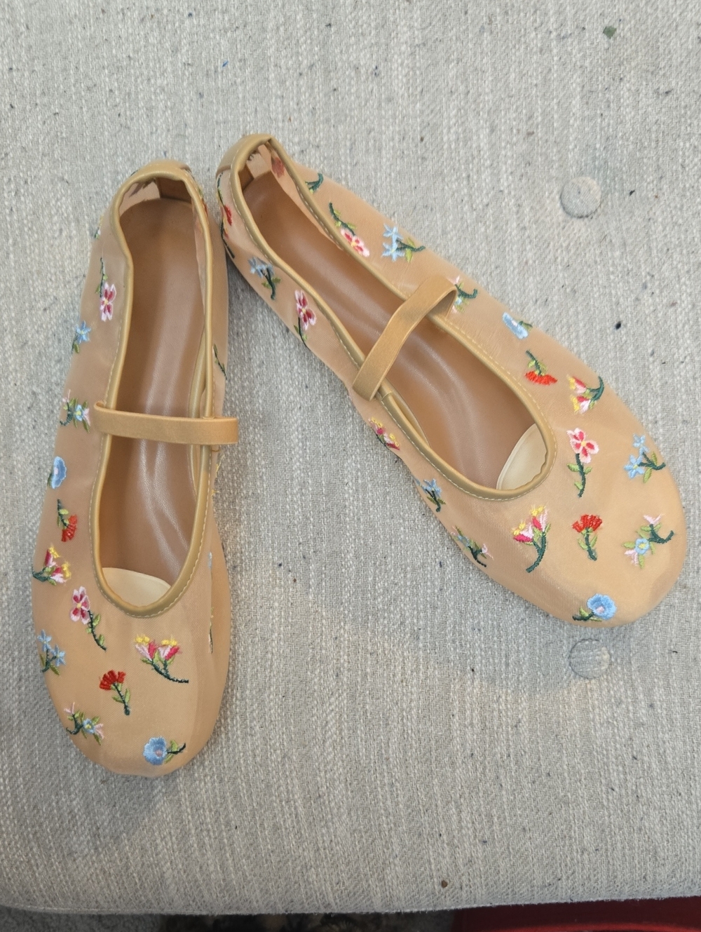 Women’s Tan Floral Embroidered Ballet Flats with Strap